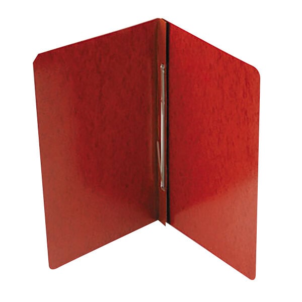 A red Acco report cover with a metal prong fastener.