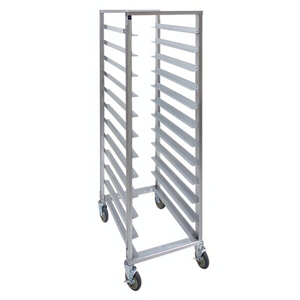 A Cres Cor metal sheet pan rack with wheels.