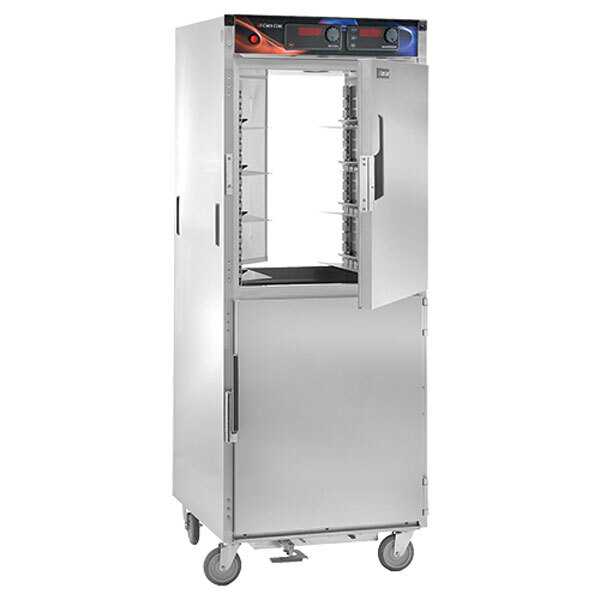 A stainless steel Cres Cor pass-through holding cabinet with open doors.