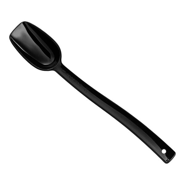 A black plastic Carlisle salad bar serving spoon with a long handle.