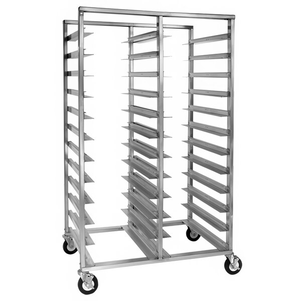 A Cres Cor aluminum sheet pan rack with wheels.