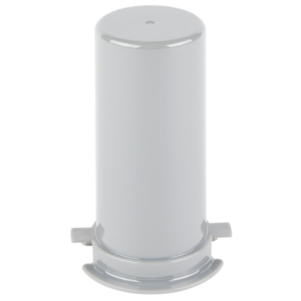 A white cylindrical container with a black lid.