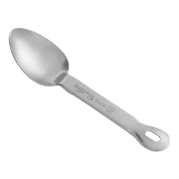 A Vollrath stainless steel spoon with a hole in the handle.
