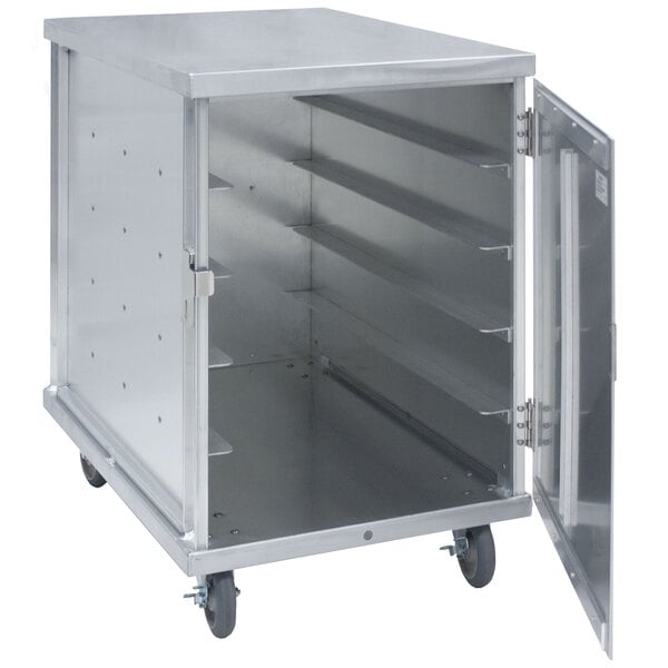 A Cres Cor aluminum meal delivery cart with open doors.