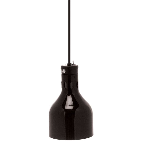 A black Cres Cor ceiling mount infrared bulb food warmer with a flexible cord.