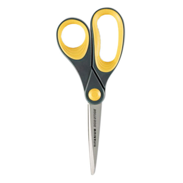 Westcott 15454 8&quot; Titanium Bonded Pointed Tip Non-Stick Scissors with Gray  / Yellow Straight Handle - 3/Pack | Westcott ACM15454