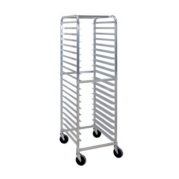 A Cres Cor aluminum sheet pan rack with wheels.