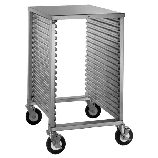 a metal cart with wheels