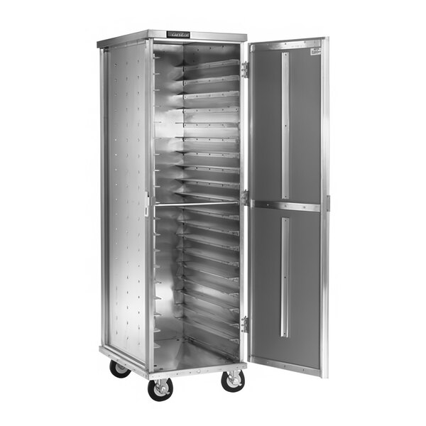 A large metal enclosed sheet pan rack with shelves and wheels.