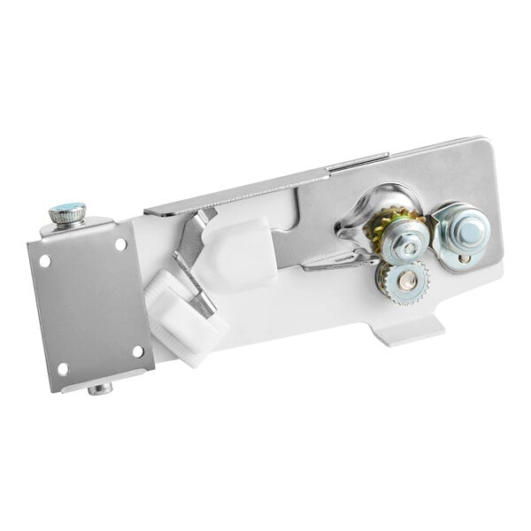 A metal wall mount can opener with gears and a handle for commercial use.