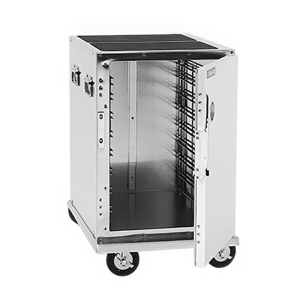 A silver metal Cres Cor mobile cabinet for half-size food pans with an open door.