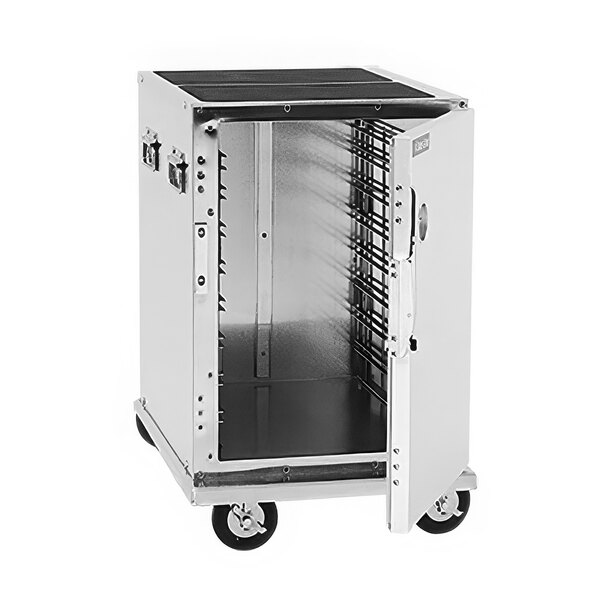 A silver metal Cres Cor sheet pan transport cabinet with an open door on wheels.