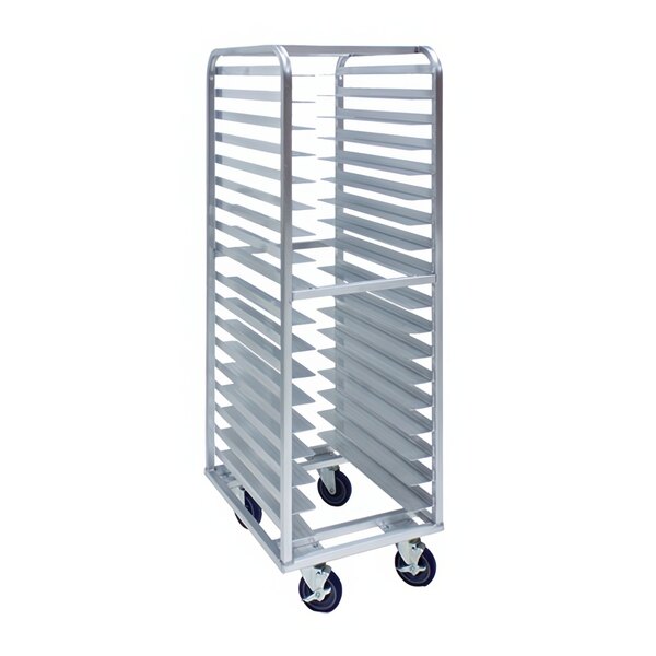 A Cres Cor metal sheet pan rack with wheels.