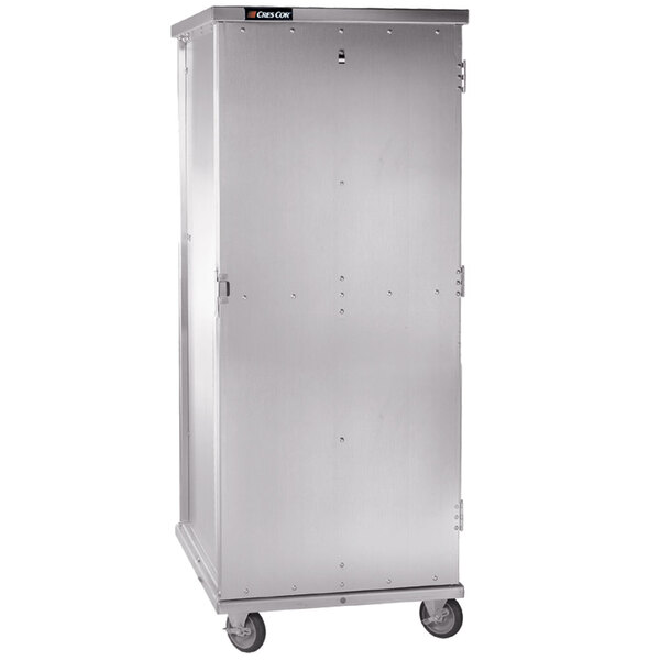 A silver aluminum Cres Cor sheet pan rack on wheels.