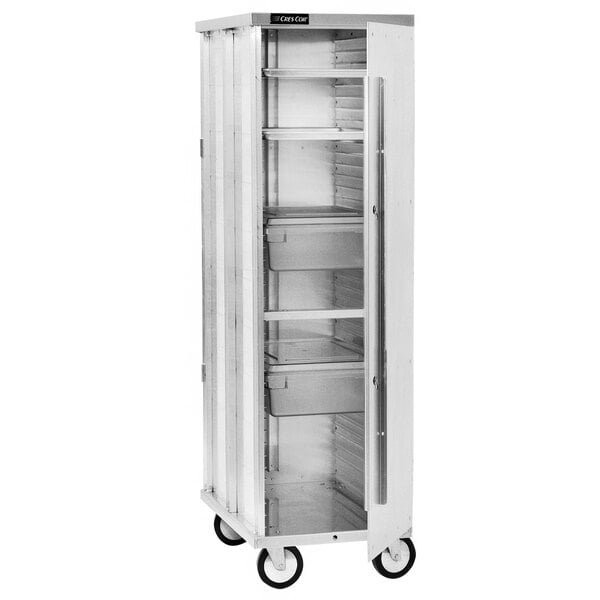 A metal enclosed Cres Cor sheet pan rack with shelves.