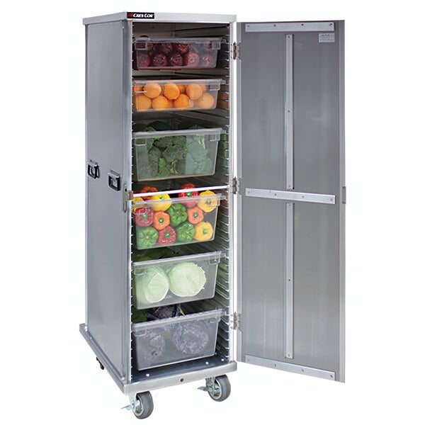 A silver Cres Cor sheet pan rack with a door open full of fresh produce.