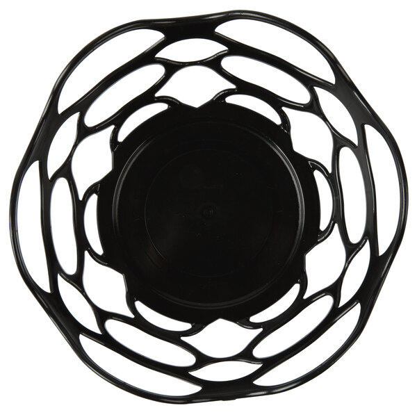 A black plastic circular basket with an open weave design.