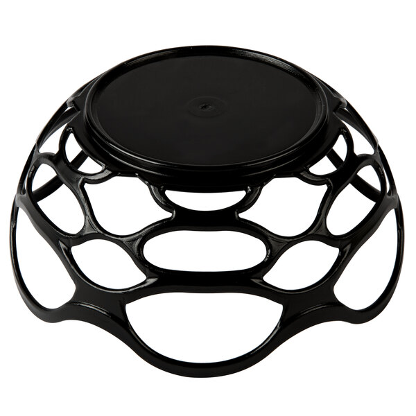 A black plastic open weave basket with a lid on top.