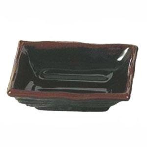 A Thunder Group Tenmoku black square melamine sauce dish with brown trim.