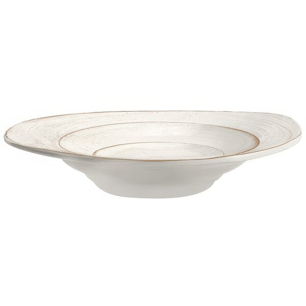 An off white melamine bowl with a brown circle on the bottom.