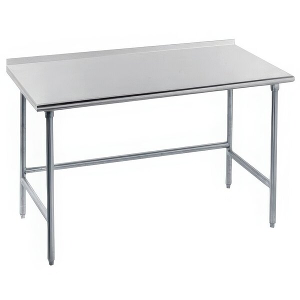 An Advance Tabco stainless steel work table with adjustable legs.