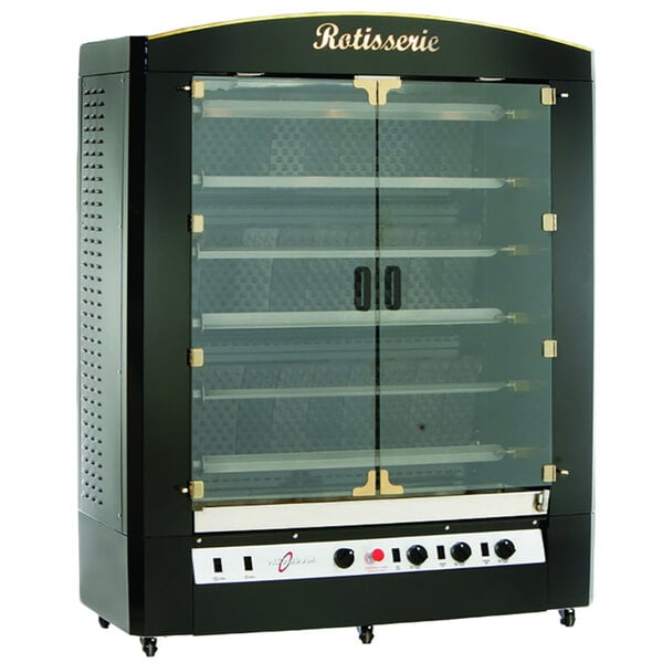 A black and gold Alto-Shaam liquid propane rotisserie oven with glass doors.