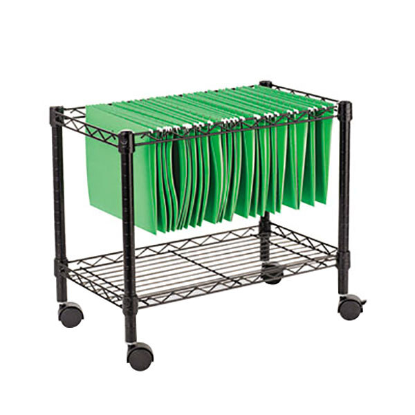 A black Alera single-tier rolling file cart with green file folders.