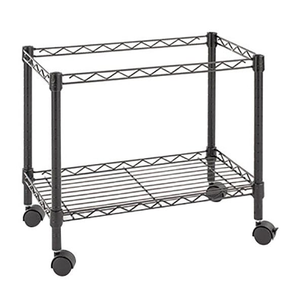 A black wire shelving unit with wheels.