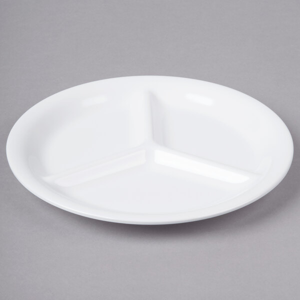 A white Elite Global Solutions melamine plate with three sections.
