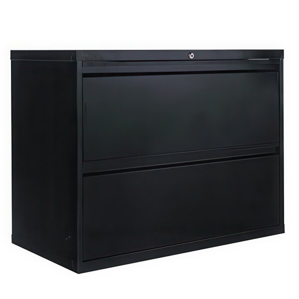 A black Alera metal lateral file cabinet with two drawers.