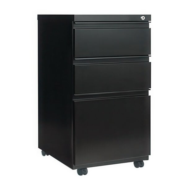 A black file cabinet with three drawers on wheels.