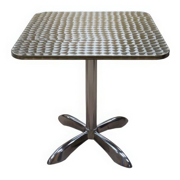 An American Tables & Seating square aluminum table with a metal base.