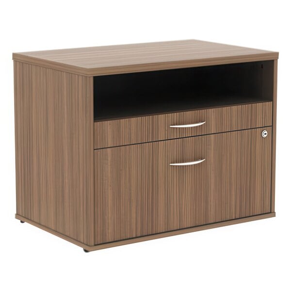 A walnut Alera file cabinet with two drawers.