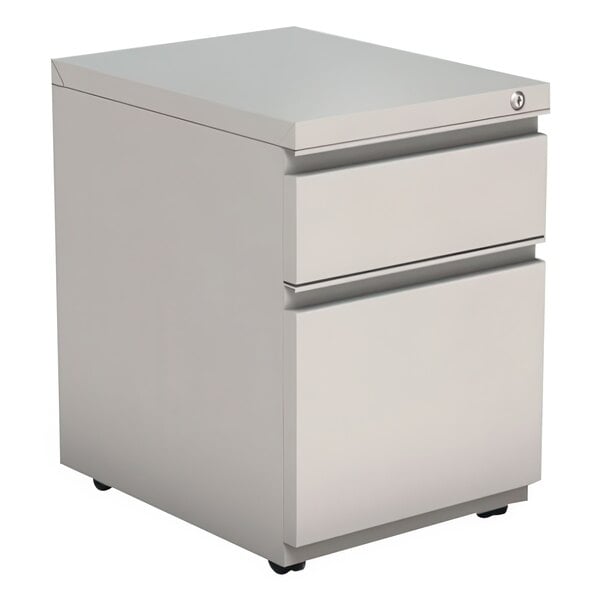 An Alera light gray metal two-drawer pedestal file cabinet with wheels.