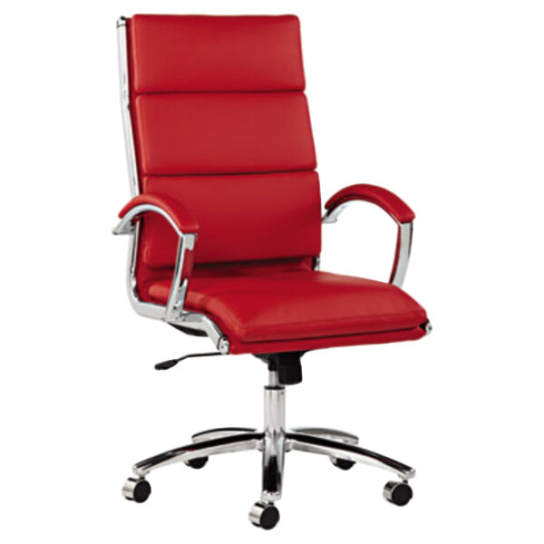 Alera Alenr4139 Neratoli High Back Red Leather Office Chair With Fixed Arms And Chrome Swivel Base