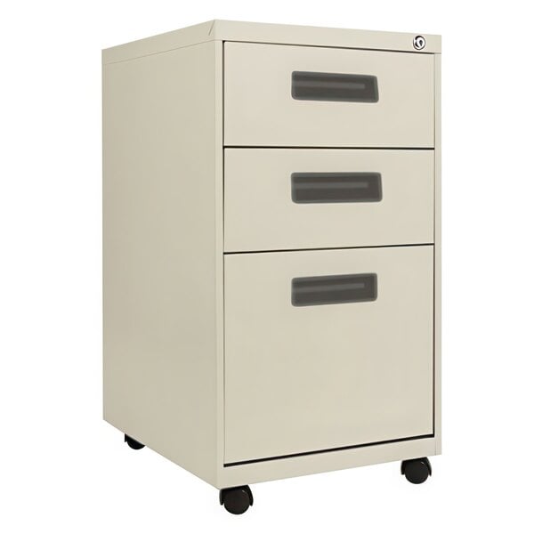 An Alera putty metal mobile pedestal file cabinet with three drawers on wheels with black handles.