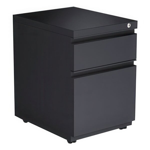 A black Alera metal pedestal box file cabinet with two drawers and full-length pulls.