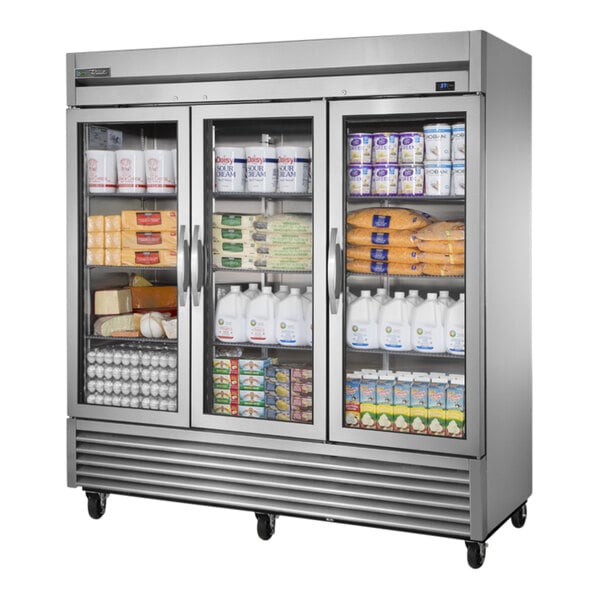 A True glass door reach-in refrigerator filled with True refrigeration.