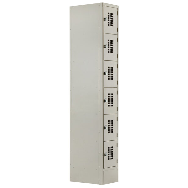 A white Winholt steel locker with six perforated doors.