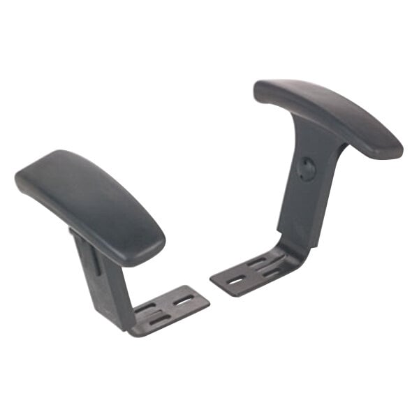 A pair of black plastic armrest brackets with a hole in the center.