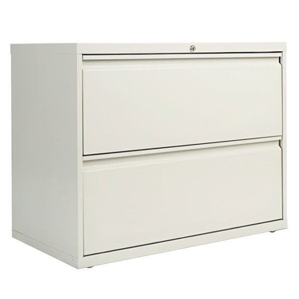 A light gray Alera metal lateral file cabinet with two drawers.