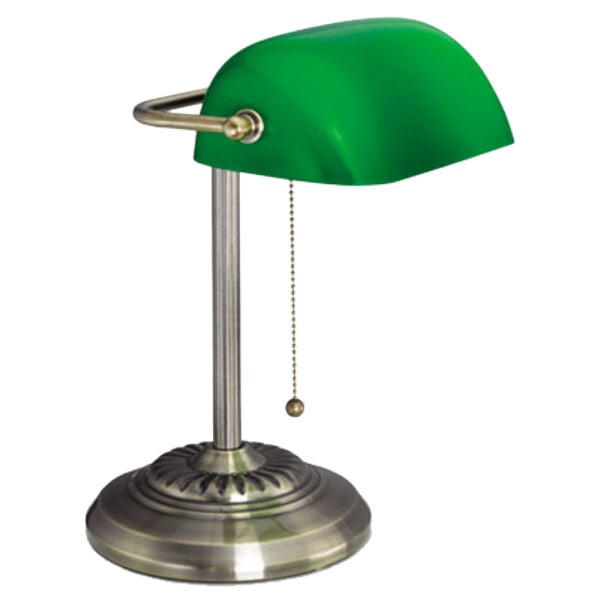 An Alera traditional green banker's lamp with a metal base and a chain.