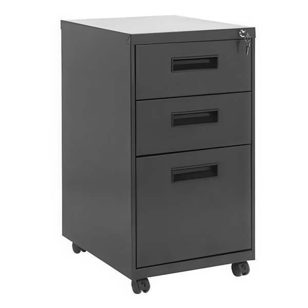 A black Alera metal mobile pedestal file cabinet with three drawers on wheels.