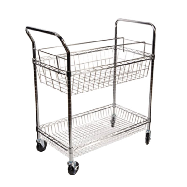 A silver metal Alera mail cart with two shelves.