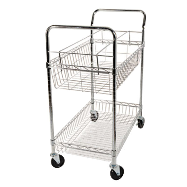 A silver metal Alera mail cart with two shelves.