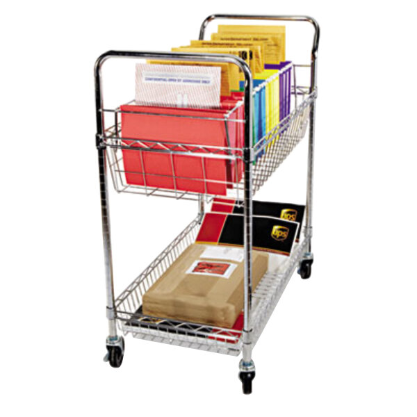 An Alera silver mail cart full of files and packages.