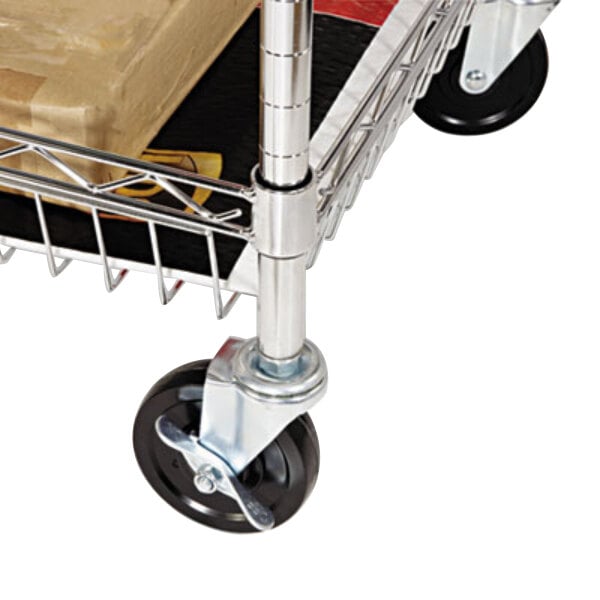 An Alera silver metal mail cart with black wheels.