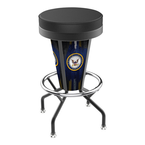A Holland Bar Stool navy blue and black LED bar stool with a United States Navy emblem on the seat.