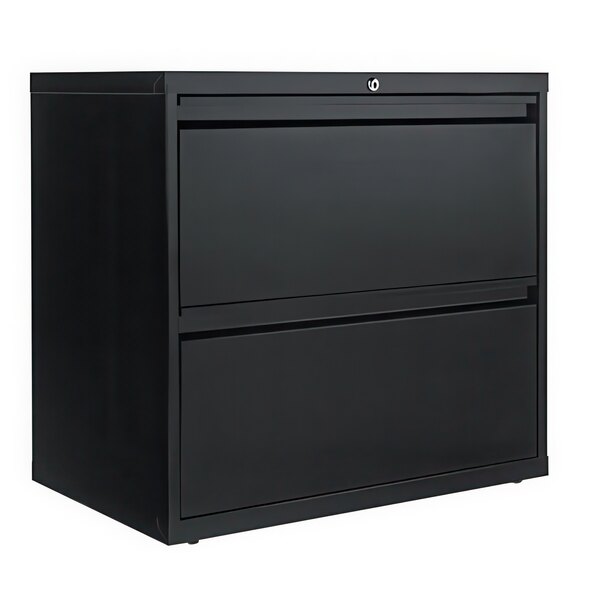 A black Alera metal lateral file cabinet with two drawers.