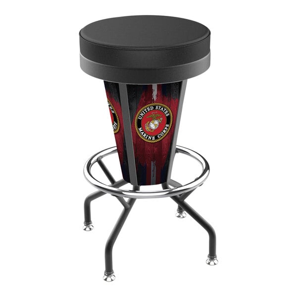 A black vinyl bar stool with a United States Marine Corps emblem and an LED-lit base suitable for indoor or outdoor use.